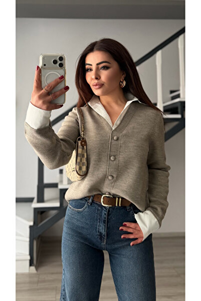 Oslove Mink Shirt Collar Cardigan Look Sweater