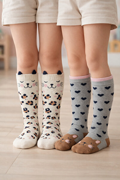 PatiPati 2'Lİ KIZ ÇOCUK ÇORABI– Sevimli Kedi & Kalp Desenli