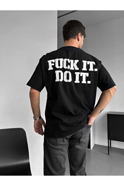 elkumoda Tricou oversize cu imprimeu cu sloganul "Fuck It Do It", negru și al...