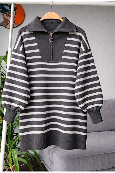 MODA VEDAT Women's Collared Zippered Knitwear Tunic --0355