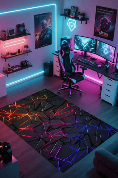 Reyhani Neon Kaymaz Taban Makinede Yıkanabilir Çocuk Gamıng Halısı Yatak Odas...