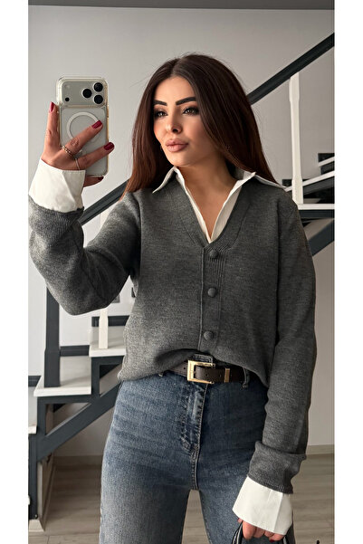 Oslove Anthracite shirt collar cardigan look sweater