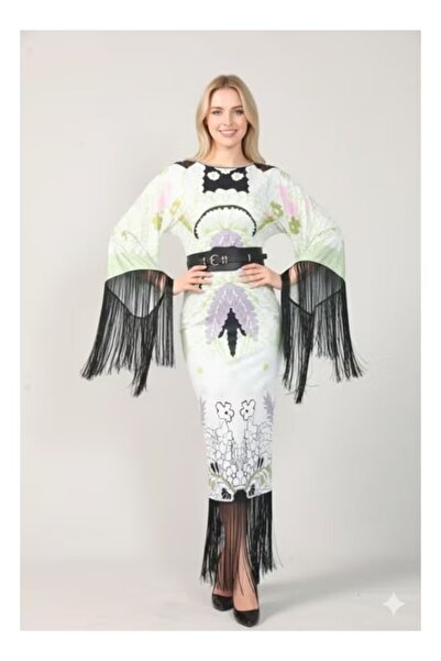 FULLJOY Long Printed evening dress with wide sleeves and a black belt; an ele...