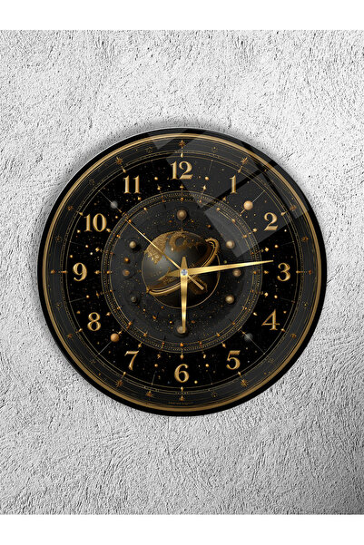 Olinpa KIRILMAZ CAM DUVAR SAATİ , HEM TABLO HEM SAAT SİYAH GOLD ASTRONOMİ GEZ...