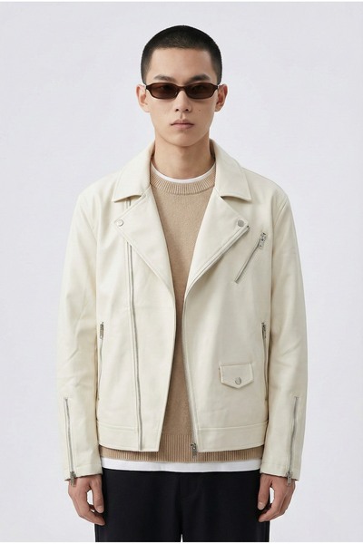 da collection Erkek Biker Deri Ceket Kemersiz