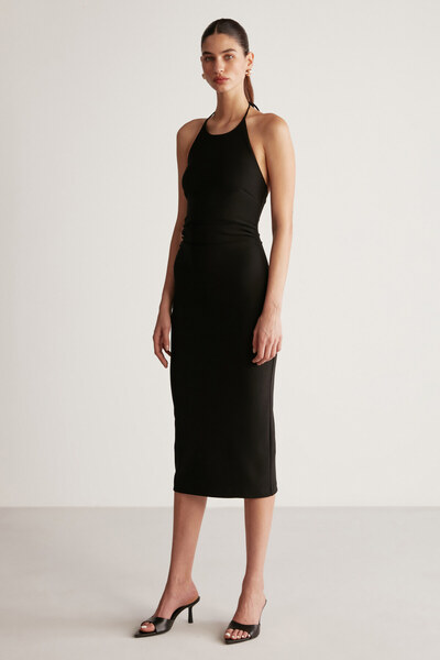 ETHIQUET Andie Women's Woven Crepe Fabric Bodycon Body-Hugging Halter Neck Bl...