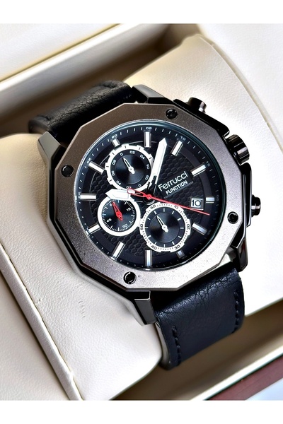 Ferrucci Functional Black Color Leather Cord Men's Wristwatch