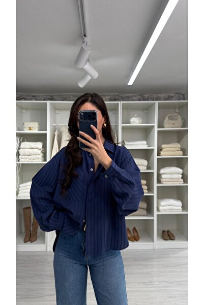 LUUNA STORE Sofi̇a Striped Oversized Shirt - Navy Blue