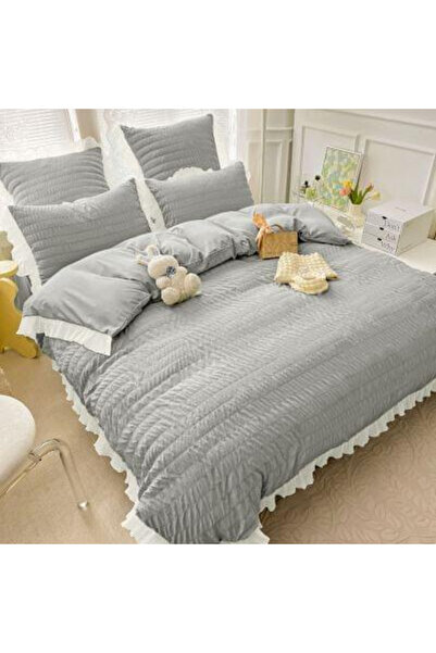 JOJO Set Bed Linen for 2 Persons Cotton Finet Creponated Uni with Ruffles, 6 ...