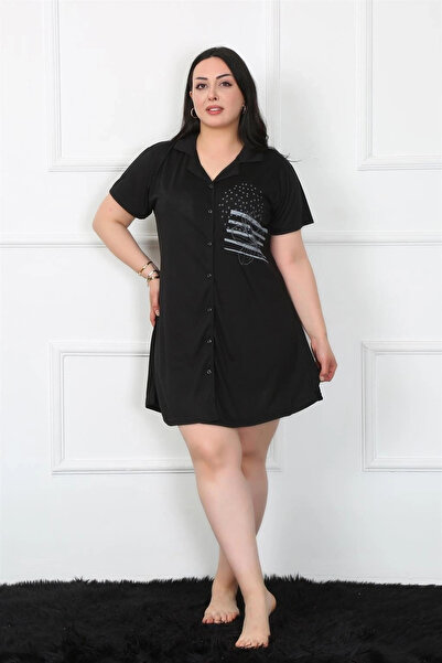 mtm My The Mall Plus Size Combed Cotton Buttoned Black Tunic Nightgown