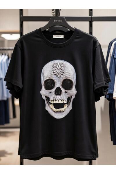 playwear PLAY WEAR Unisex Μπλουζάκι Μαύρο με Στάμπα Κρανίου και Διαμαντένιες ...