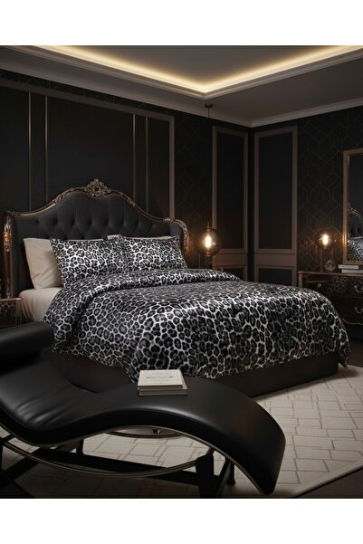 mirach Siyah Beyaz Leopar Desenli %100 Pamuk Saten Nevresim Takımı Lüks ve Za...