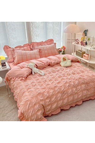 JOJO Set Bed Linen for 2 Persons Cotton Finet Creponated Uni with Ruffles, 6 ...