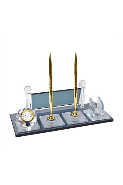 ATİK AVM Çift kalemli kristal masa üstü isimlik ve saat