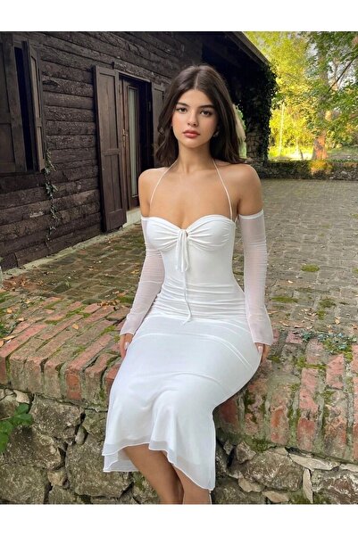 La Saade Pure Allure Midi Dress – White Off-The-Shoulder Design, Elegant Cut,...