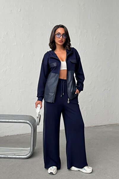 bacc Navy Blue Soft Textured Paneled Hooded Sweatshirt and Pants Bottom Top S...