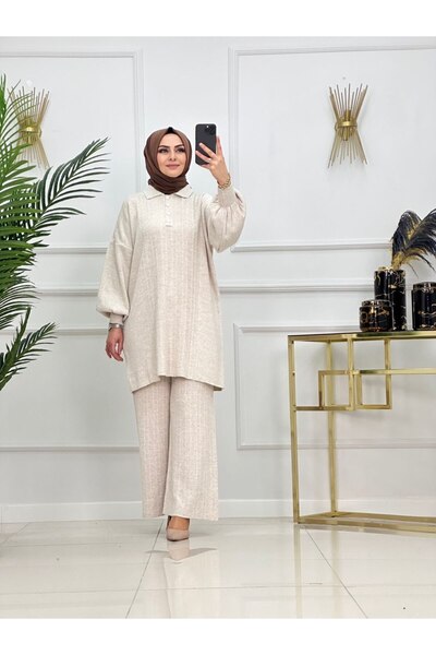 Summer Store Elegant Balloon Sleeve Tunic Trousers Double Hijab Set