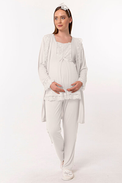 ByLohusa Effortt Ecru Maternity Pajama Set with Dressing Gown