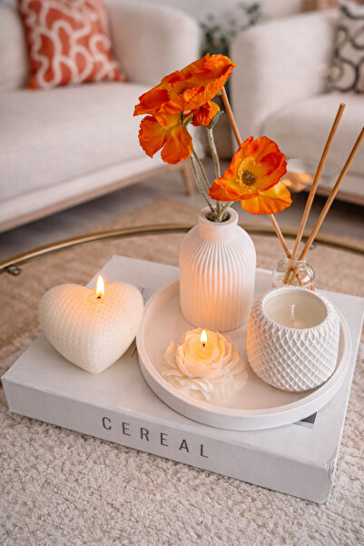 Bkstudio Tepsili 6 parça dekoratif set şakayık mum, Gofret mum, vazo. Kapli m...