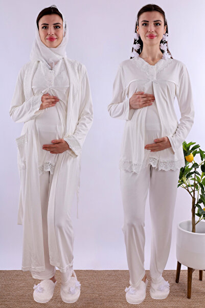 ByLohusa Effortt Ecru Maternity Sleepwear Set with Hijab Dressing Gown