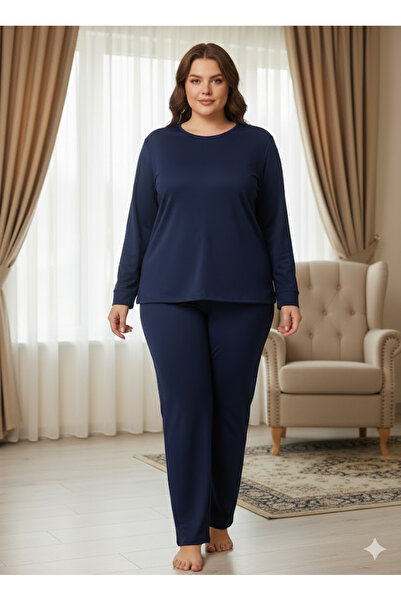 FAMESTEKSTİL Two-Thread Plus Size Navy Blue Tracksuit Set