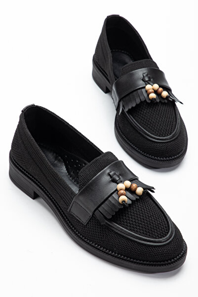 ABBA Black Tricot Tasseled Beaded Loafer Daily Ballet Flats