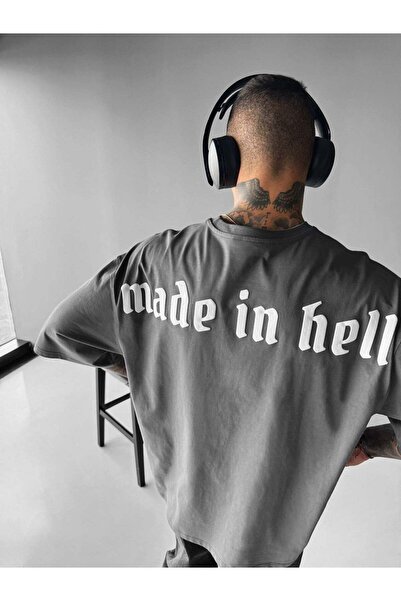 elkumoda Made in Hell Slogan Gotik Oversize Tişört %100 Pamuklu Bisiklet Yaka...