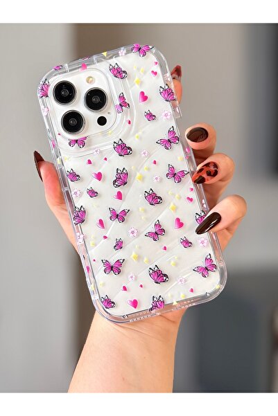 MİRAZ TASARIM حافظة هاتف آيفون 14 برو ماكس بنمط فراشة وردية شفافة مقاومة للصد...