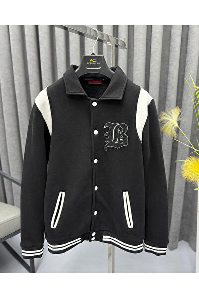 Avni Ceylan Men's Modern Fit Bomber Jacket with Embroidery Detail, Snap Faste...