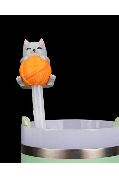 Olivians Coffee Pipetli Termos Kapağı Kedili - Sevimli Kedi Figürlü Termos Ak...