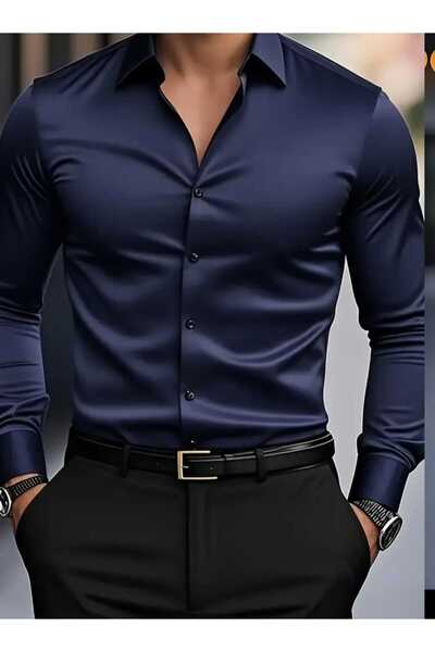 vahik Lacivert Pamuklu Saten Fit Kesim Gömlek