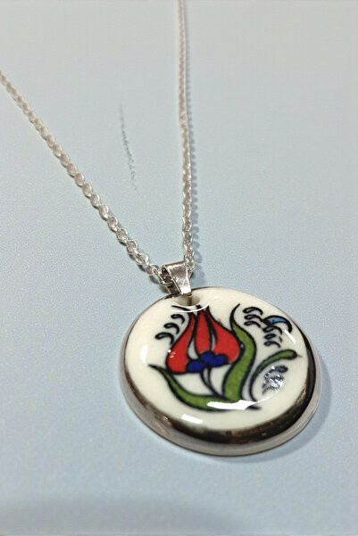 Kent Porselen Lale Motifli Porselen El Yapımı Çelik Zincirli Kolye-Hediyelik ...