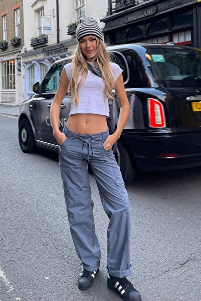 september island Bethe Blue Color Parachute Fabric Low Waist Pants with Adjus...