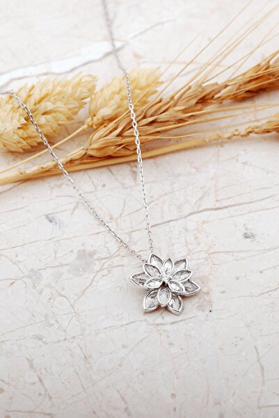 Sümer Telkari 925 Ayar Gümüş Taşlı Lotus Çiçeği Kolye 8102