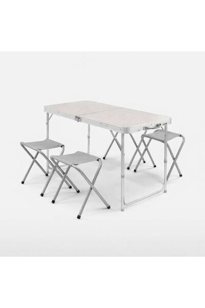 HEPBİMODA Katlanabilir Kamp Masası - 4/6 Kişilik - 4 Tabureli -Gri Açılır Pik...