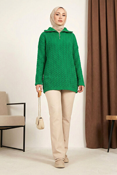 MODAQU Zippered Knitted Knitwear Tunic - Green