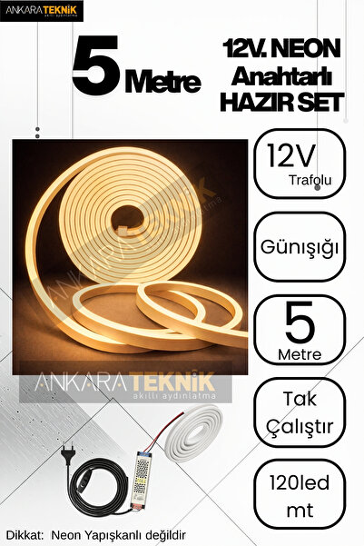 ankarateknik Günışığı Neon LED Şerit 5 Metre Anahtarlı Tak Çalıştır Adaptörlü