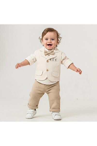 Butik ERKEK BEBEK PAPYON DETAYLI %100 PAMUKLU YELEKLİ 4 PARÇA TAKIM ÖZEL GÜN ...