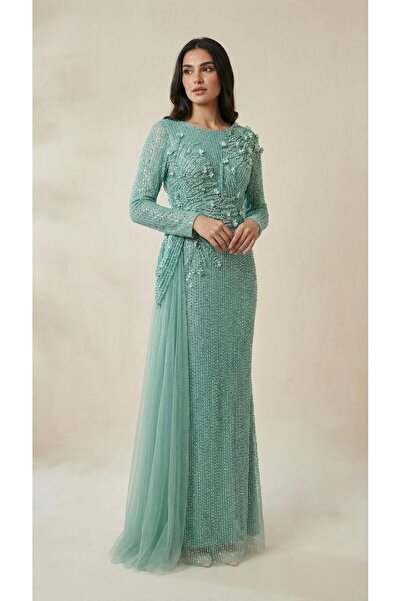 MİSS DİAMOND Tulle detailed sequin embroidered mint evening dress