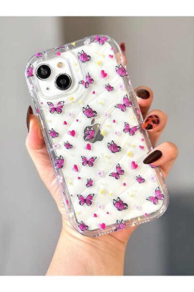 MİRAZ TASARIM Iphone 13/14/15 Pembe Kelebek Desenli Şeffaf iPhone Kılıf Darbe...
