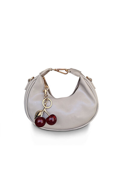 BRAGİ Baguette Beige Women's Hand and Shoulder Bag with Cherry Charm Accessories