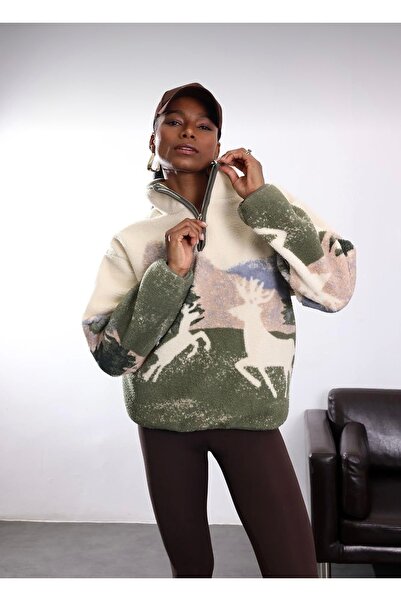 BURKAY 22365-Plush Patterned Zippered Sweatshirt