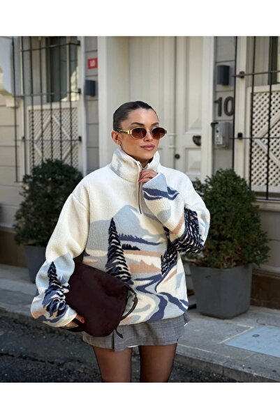 BURKAY 22365-Plush Patterned Zippered Sweatshirt