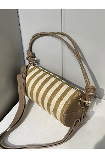 nura Dark Mink Striped Women's Cylinder Model Hand and Shoulder Bag