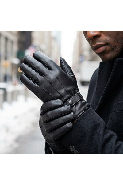 PIECE SIGNATURE Men's Faux Leather Gloves with Fur Inside, (Ribbed)