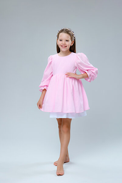 kiddos.ro Girls' pink 100% cotton dress with puff sleeves, Muse