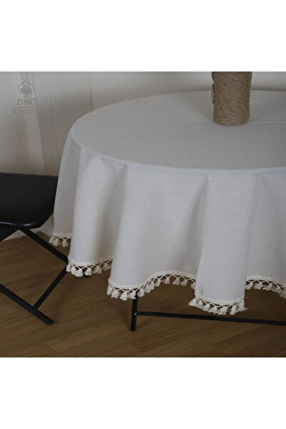 DNC HOMETEX مفرش طاولة دائري أبيض من الكتان الفاخر مع زخرفة بوم بوم