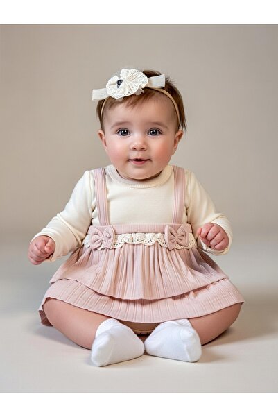 Kız Bebek Pudra Askılı Dantelli Fırfırlı Body Elbise & Saç Bandı Seti