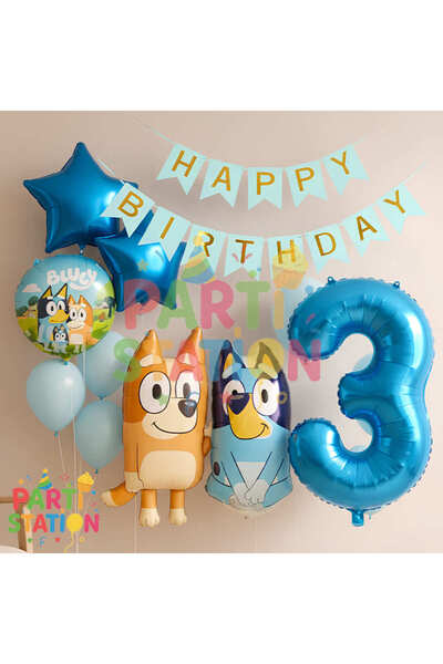 Parti Station Bluey ve Chilli Temalı 3 Yaş Folyo Balon Seti – Rakam Balonlu v...