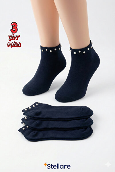 stellare Siyah Taşlı Kadın Patik Çorap 3 Çift – Boncuk Detaylı Şık Çorap Seti